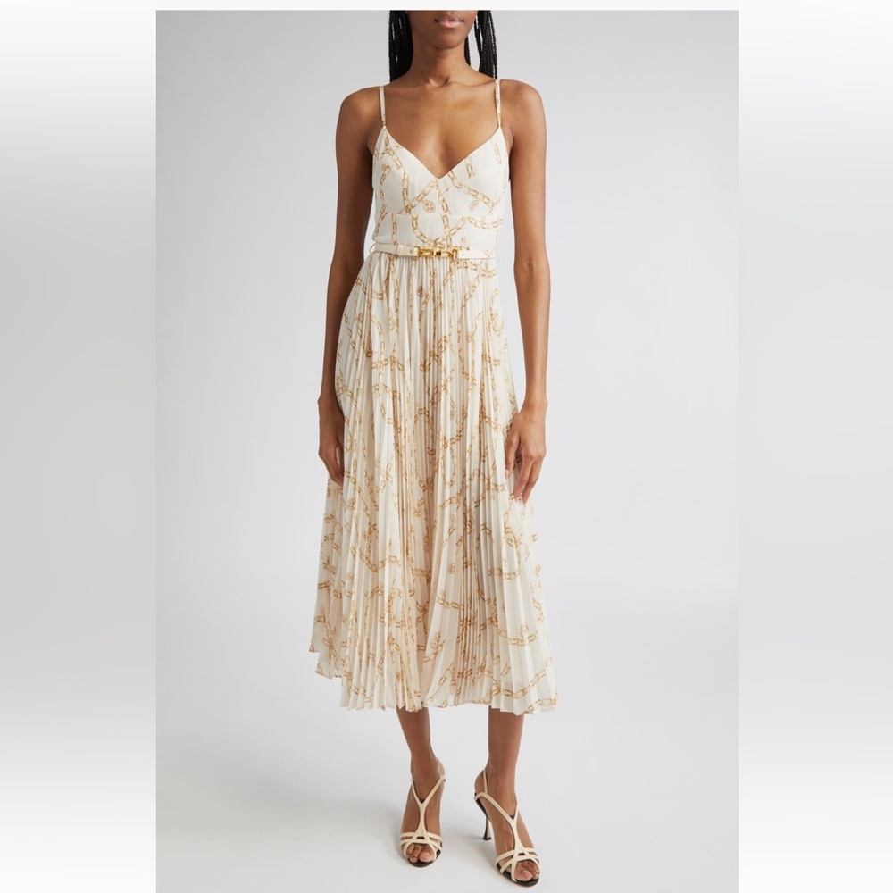 Final Zimmermann Chain Print Belted Sunray Pleated Dress in Cream Charm Various